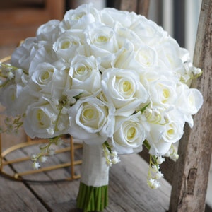 12 Ivory Real Touch Roses Bridal Bouquet, White Lily Of Valley Wedding Bouquets, Off White Roses Artificial Flowers Bouquets image 2