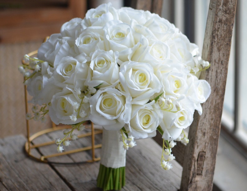 12 Ivory Real Touch Roses Bridal Bouquet, White Lily Of Valley Wedding Bouquets, Off White Roses Artificial Flowers Bouquets image 2