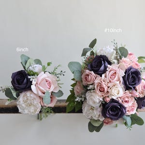 Dusty Pink Navy Wedding Bouquet, Real Touch Fake Rose Bouquet, Navy blush Bridal Bridesmaids Bouquet, Eucalyptus, Peony, Roses