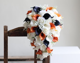 Burnt Orange Calla Lily Bridal Bouquet, Ivory Roses, Navy Accents