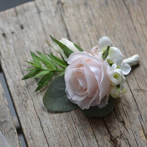 Blush White Wedding Bouquet, Faux Pink Flowers Bouquet, Pink Peony Bouquet, Lamb's ears, Boho Bridal Bouquet, Eucalyptus one boutonniere