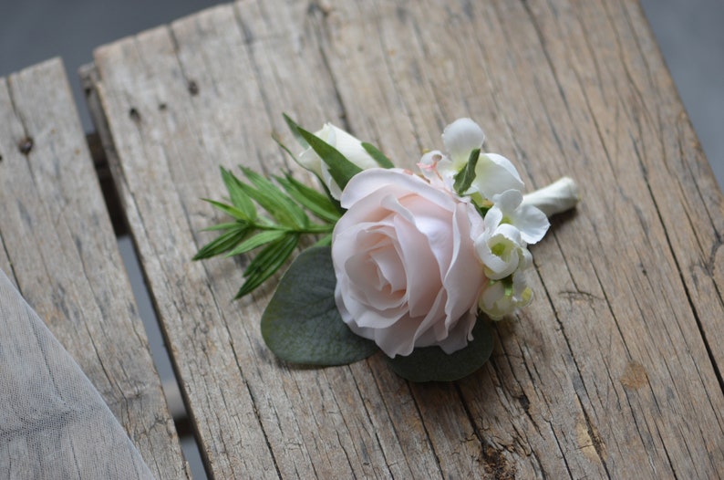 Blush White Wedding Bouquet, Faux Pink Flowers Bouquet, Pink Peony Bouquet, Lamb's ears, Boho Bridal Bouquet, Eucalyptus one boutonniere
