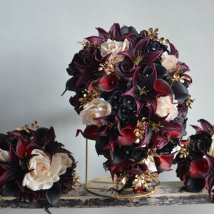 Burgundy Black Gold Beige Bridal Bouquet, Faux Real Touch Flowers, Fall wedding Halloween Wedding, Deep Purple Black Wedding Bouquet image 6