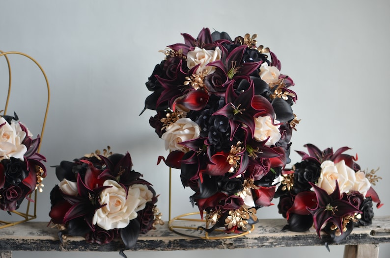 Burgundy Black Gold Beige Bridal Bouquet, Faux Real Touch Flowers, Fall wedding Halloween Wedding, Deep Purple Black Wedding Bouquet image 6