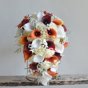 Burgundy & Burnt Orange Bridal Bouquet, Real Touch Calla Lilies, Ivory Roses Bridal Bouquet, Fall Winter Bridal Bouquet, Orange Boutonnieres
