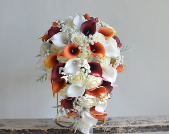 Burgundy Calla Lily Bridal Bouquet, Ivory Roses, Fall Wedding