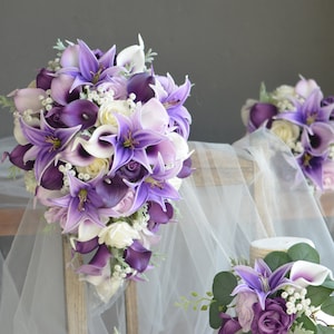 Fake Purple Cascading Bridal Bouquet, Plum Lilac Bridesmaids Bouquet, Lavender Wedding, Real Touch Calla Lily, Roses, Lily, Handmade Bouquet