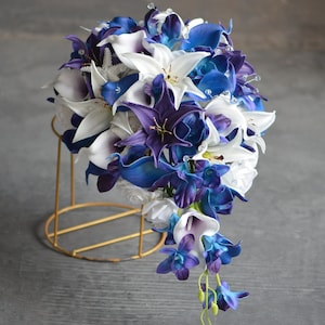 Faux Plum Blue And White Wedding Bouquets, Designed In Real Touch Artificial Flowers, Roses, Orchids, Calla Lilies, Starfishes, And Crystals