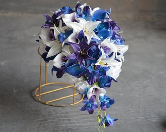 Faux Plum Blue And White Wedding Bouquets, Designed In Real Touch Artificial Flowers, Roses, Orchids, Calla Lilies, Starfishes, And Crystals