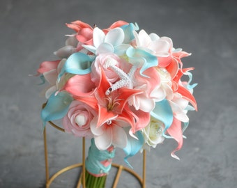 Coral Aqua Beach Bouquets, Faux Blue Real Touch Calla Lilies, Plumerias Roses, Shells, Starfishes Wedding, Bridesmaid bouquets, Boutonnieres