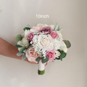 Dusty Pink Mauve White Bride Bouquet, Design in Real Touch Artificial Roses, Lamb&#39;s ears, Boho Bouquet, Eucalyptus Wedding Bouquet, Corsages