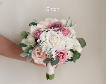 Dusty Pink Mauve White Bride Bouquet, Design in Real Touch Artificial Roses, Lamb's ears, Boho Bouquet, Eucalyptus Wedding Bouquet, Corsages