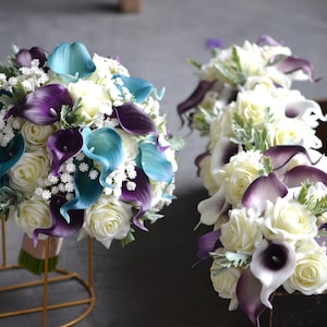 Teal Purple Rustic Wedding Bouquet Designed in Real Touch Ivory Roses, Teal Purple Calla Lilies, Baby's Breath, Dusty Leaves