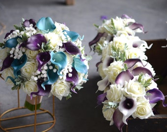 Teal Purple Rustic Wedding Bouquet Designed in Real Touch Ivory Roses, Teal Purple Calla Lilies, Baby's Breath, Dusty Leaves
