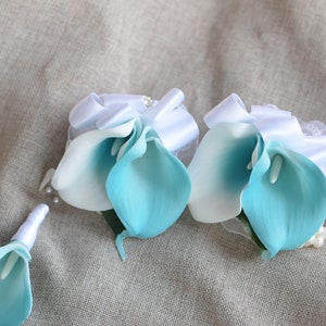 Turquoise Aqua Bridal Bouquets, Ivory Bridesmaids Bouquets, Real Touch Calla Lilies, Ivory Roses, Blue Weddings image 7