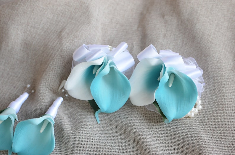 Turquoise Aqua Bridal Bouquets, Ivory Bridesmaids Bouquets, Real Touch Calla Lilies, Ivory Roses, Blue Weddings image 7