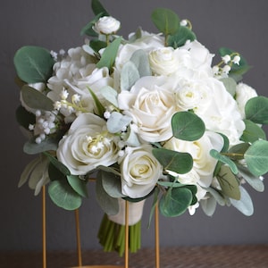 Faux White Greenery Wedding Bouquets, White Boho Wedding Bouquet, Real Touch White Roses, Eucalyptus, Beach Spring Winter Bridal Bouquet