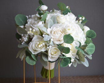 Faux White Greenery Wedding Bouquets, White Boho Wedding Bouquet, Real Touch White Roses, Eucalyptus, Beach Spring Winter Bridal Bouquet