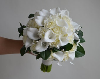 Fake Ivory White Real Touch Roses Bridal Bouquet, Dark Green Greenery, Calla Lilies Wedding Bouquets, Pearls, Cream Boutonnieres, Corsages