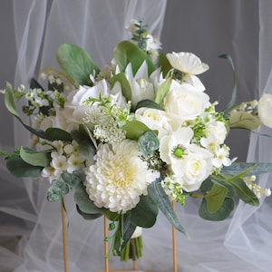 Ivory Wedding Bouquet, Classic Bridal Bouquet, Rustic Boho Flower Bouquet, Real Touch Roses, Dahlia, Lily of the valley and Eucalyptus