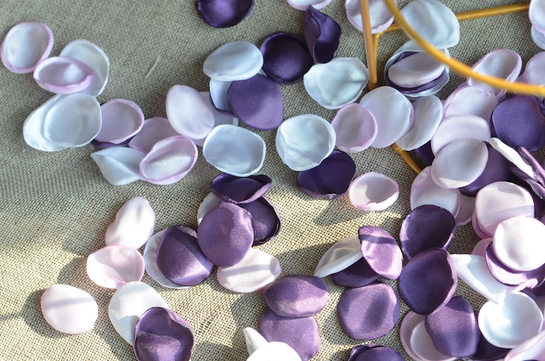 May include: Purple, white, and light pink silk flower petals scattered on a textured surface.