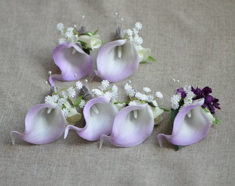 Lilac Boutonnieres, Light Purple Calla Lily Groom Groomsman Boutonnieres, Real Touch Calla Lilies,  Baby's Breath