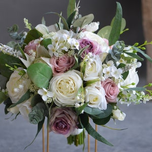 White Dusty Pink Greenery Bridal Bouquet, Boho Wedding Bouquet, Rustick Real Touch White Roses, Eucalyptus, Lily of the valley