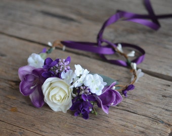 Couronne de fleurs violettes, rose orchidée pourpre, hortensias couronne de fleurs de mariage, couronne de mariée, couronne de boho, couronne florale délicate