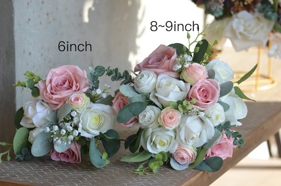 Bouquet De Roses Artificielles Rose Et Champagne – Avec Gypsophile, Pour Mariage