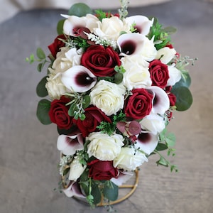 Artificial Burgundy&Cream White Rose Wedding Bouquet, Dark Red Boho Bouquet, Bridal Bridesmaids Bouquet, Eucalyptus, Real Touch Fake Flowers