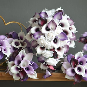 Faux Purple Wedding Bouquet, Plum Burgundy Bridal Bouquet, Real Touch Calla Lilies, White Roses, Wedding Flowers, Boutonniere, Corsage