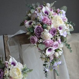 Fake Flowers Bridal Bouquets, Dusty Lilac Mauve Cascading Wedding Bouquet, Dusty Lilac, Lavender Real Touch Flowers, Purple Wedding Bouquet