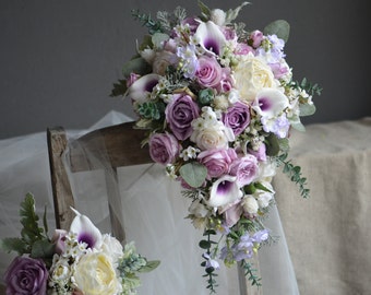 Fake Flowers Bridal Bouquets, Dusty Lilac Mauve Cascading Wedding Bouquet, Dusty Lilac, Lavender Real Touch Flowers, Purple Wedding Bouquet