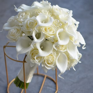 Faux Ivory Real Touch Rosen Brautstrauß, Calla-Lilien-Hochzeitssträuße, cremeweiße Hochzeitssträuße Kunstblumen, Boutonnieres Corsages