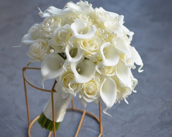 Faux Ivory Real Touch Roses Bridal Bouquet, Calla Lilies Wedding Bouquets, Pearls Bouquets