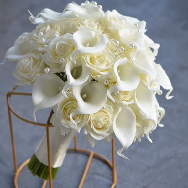 Faux Ivory Real Touch Roses Bridal Bouquet, Calla Lilies Wedding Bouquets, Pearls Bouquets