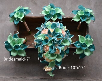 Teal Champagne Rose Bouquet, Real Touch Calla Lilies, Silk Bridal Bouquet