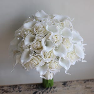 Fake Flowers Cream White Real Touch Roses Bridal Bouquet, Calla Lilies Wedding Bouquets, White Bridesmaids Bouquets, Boutonnieres Corsages