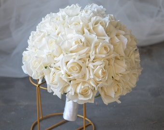 12" Real Touch Faux Roses Bridal Bouquet, Artificial Morandi White Ivory Roses Wedding Bouquets, Fake Flowers Boutonniere Corsages