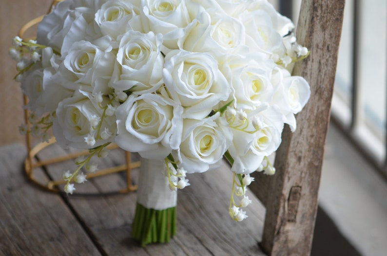 12 Ivory Real Touch Roses Bridal Bouquet, White Lily Of Valley Wedding Bouquets, Off White Roses Artificial Flowers Bouquets image 3