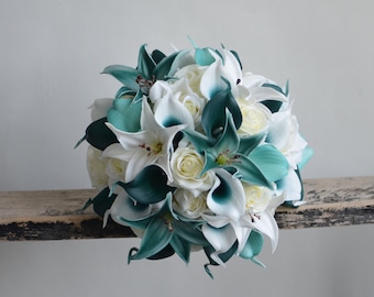 Teal Calla Lily Bouquet: Faux Rose & Lily Bridal Flowers