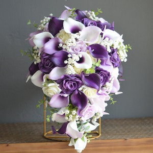 Purple Wedding Bouquet, Rustic Plum White Bridal Bouquet, Real Touch Calla Lilies, Ivory White Roses, Baby&#39;s Breath, Boutonnieres
