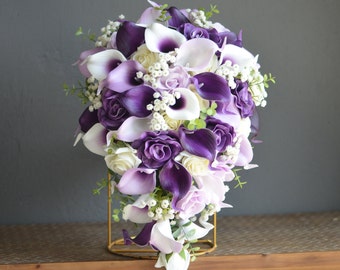 Purple Wedding Bouquet, Rustic Plum White Bridal Bouquet, Real Touch Calla Lilies, Ivory White Roses, Baby's Breath, Boutonnieres