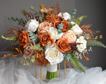 Burnt Orange Ivory Beige Fall Bridal Bouquet,  Boho Fall Wedding Bouquets, Artificial Faux Real Touch Roses, Terracotta, Dusty Pink Bouquets