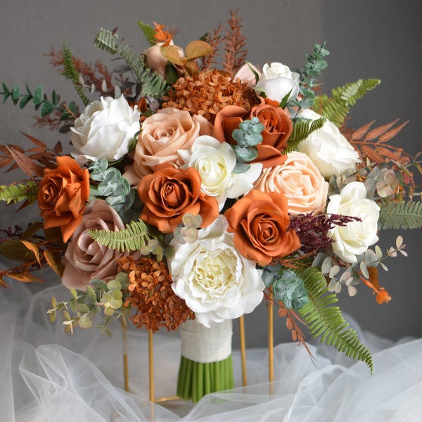 Burnt Orange Ivory Beige Fall Bridal Bouquet,  Boho Fall Wedding Bouquets, Artificial Faux Real Touch Roses, Terracotta, Dusty Pink Bouquets