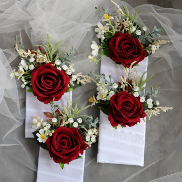 Greenery Pocket Boutonniere With Faux Burgundy Rose, Wildflowers, Groom's accessories, Rustic Boutonnieres, Fall boutonnieres, Baby's breath