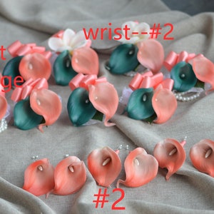 Coral Teal Wedding Boutonnieres, Coral Pink Calla Lilies, Real Touch Flowers, Teal Wrist Corsages