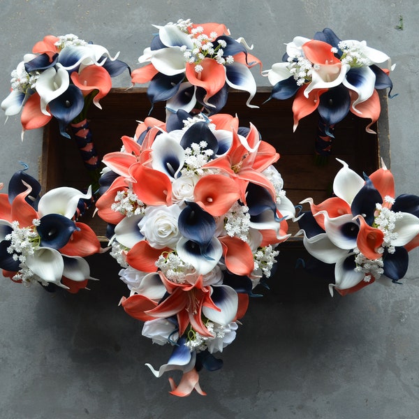 Navy Coral Bridal Wedding Bouquet, Real Touch Calla Lilies, White Roses, Baby's Breath, Coral Navy Bridesmaids Bouquet