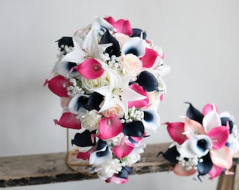 Flores falsas Ramos de playa de rubor azul marino rosa fuerte, alcatraces de toque real, rosas, aliento de bebé, ramo de boda, ramo de primavera verano