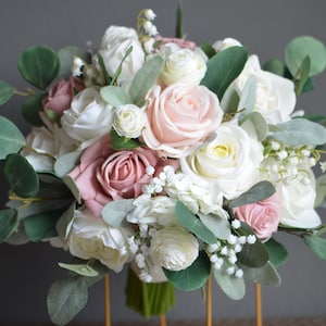 Dusty Pink, Blush And Cream White Wedding Bouquet, Real Touch Roses, Lamb's ears, Boho Bridal Bouquet, The Lily of Valley, Eucalyptus